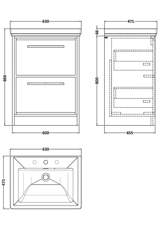Hudson Reed Lille 600mm Bleached Oak Floor Standing 2-Drawer Vanity Unit with 3 Tap Hole Basin
