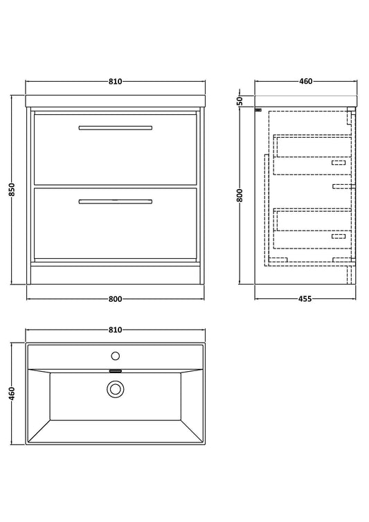 Lille 800mm Floor Standing 2-Drawer Vanity with Basin - 1 Tap Hole