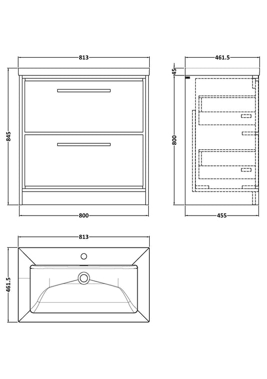 Lille 800mm Floor Standing 2-Drawer Vanity with Basin - 1 Tap Hole
