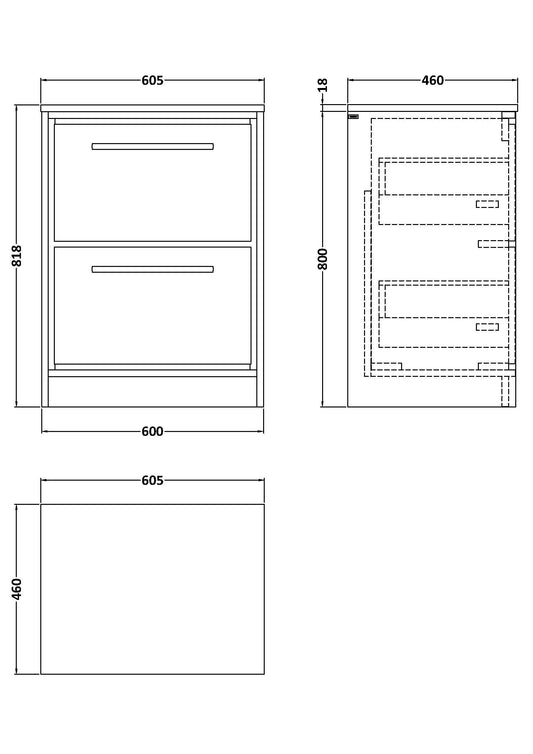 Lille 600mm Floor Standing 2-Drawer Vanity with Worktop