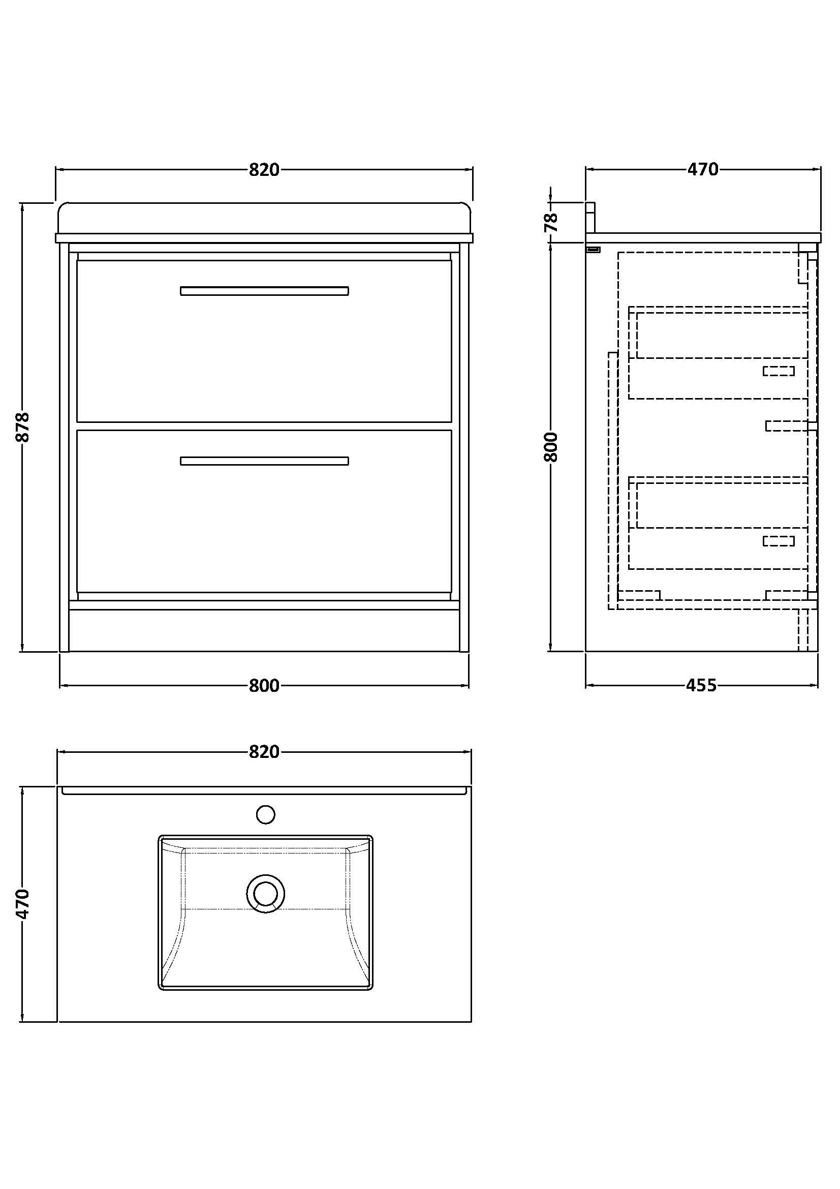 Lille 800mm Floor Standing 2-Drawer Vanity with Marble Worktop Basin