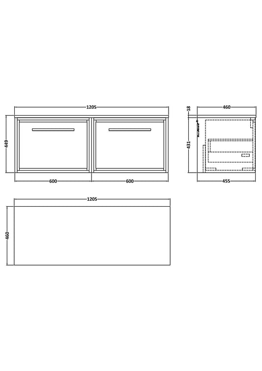 Lille 1200mm Wall Hung Single Drawer Vanity with Worktop