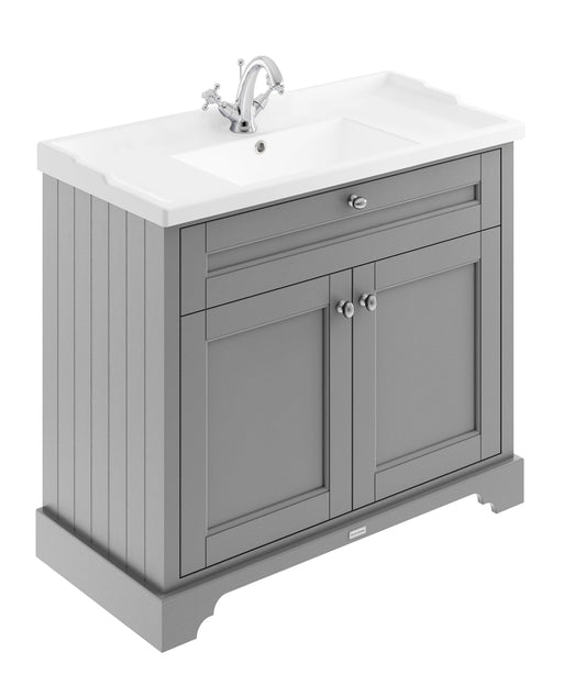 Hudson Reed Old London 1000mm Storm Grey Floor Standing 2 Door Vanity Unit With 1 Tap Hole Ceramic Basin