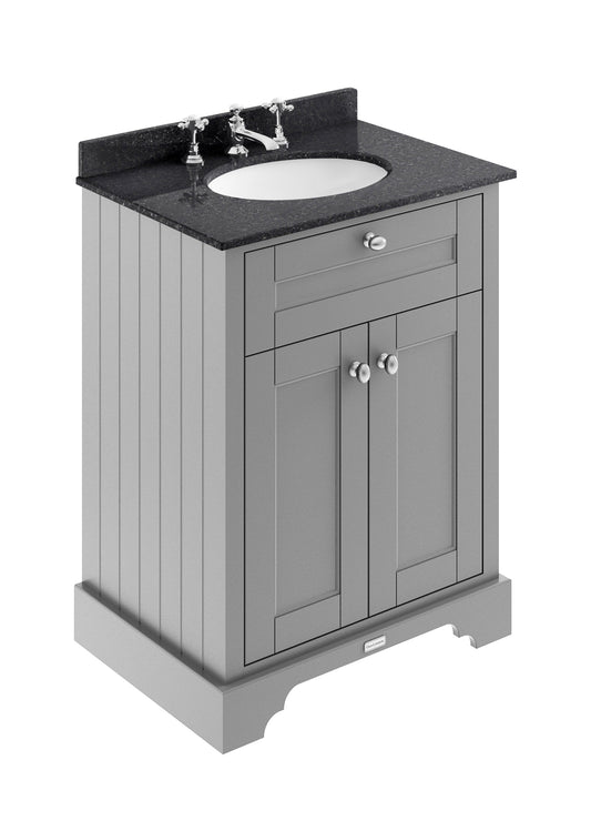 Hudson Reed Old London 600mm Storm Grey Floor Standing 2 Door Vanity Unit with 3 Tap Hole Black Marble Top