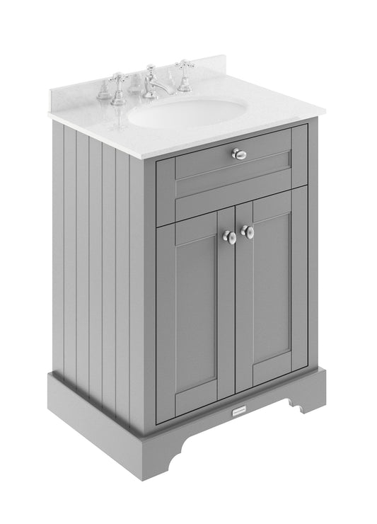 Hudson Reed Old London Storm Grey Floor Standing 2 Door Vanity Unit With 3 Tap Hole White Marble Top Basin
