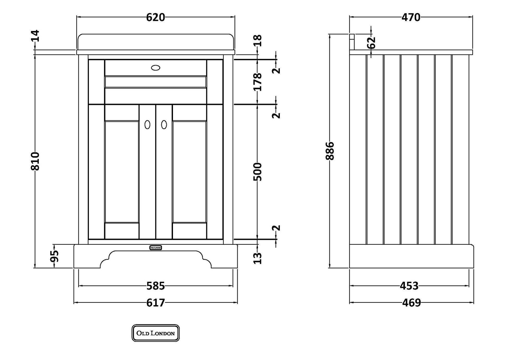 Hudson Reed Old London Storm Grey Floor Standing 2 Door Vanity Unit With 3 Tap Hole White Marble Top Basin