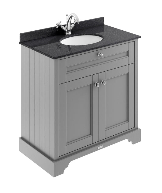 Hudson Reed Old London 820mm Storm Grey Floor Standing 2 Door Vanity Unit with 1 Tap Hole Black Marble Top Basin