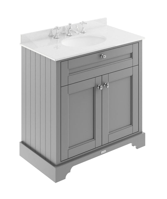 Hudson Reed Old London 800mm Storm Grey Floor Standing 2 Door Vanity Unit with 3 Tap Hole White Marble Top Basin