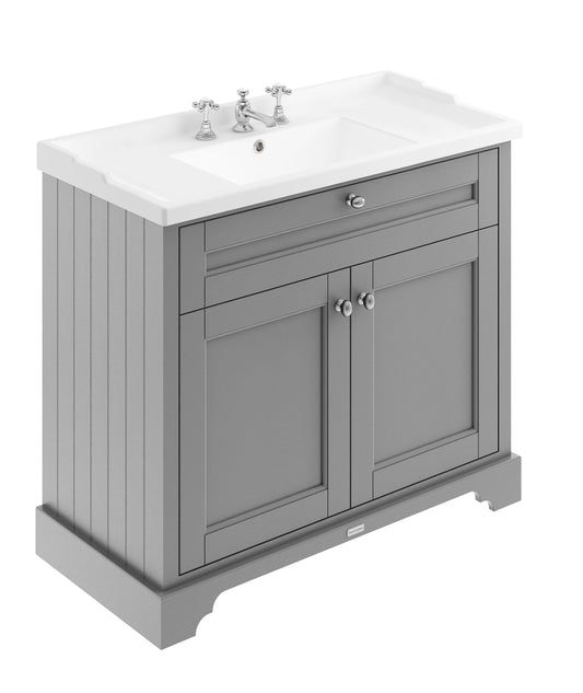 Hudson Reed Old London Storm Grey 1020mm Floor Standing 2 Door Vanity Unit with 3 Tap Hole Ceramic Basin