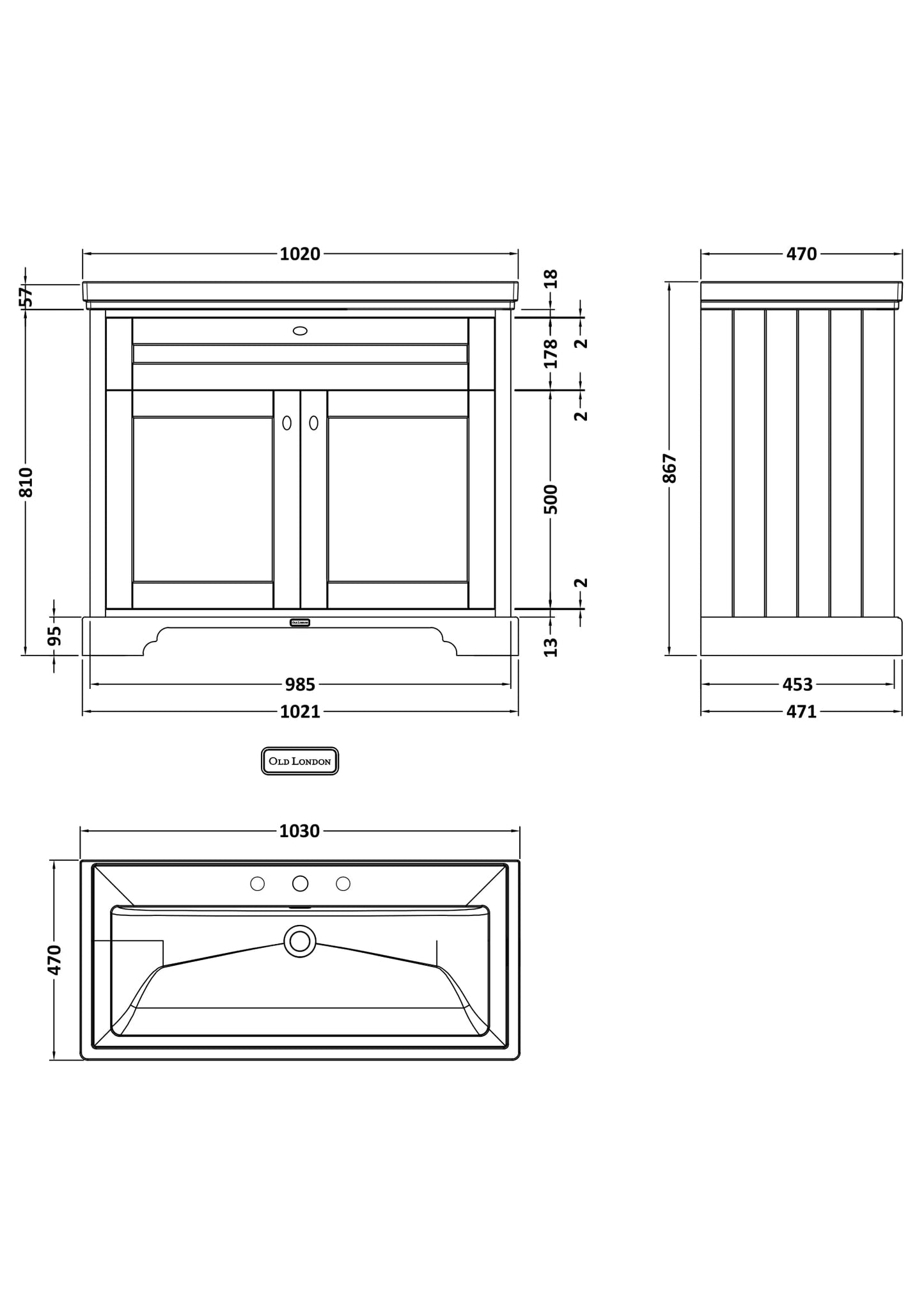 Hudson Reed Old London 1000mm Storm Grey 2-Door 3 Taphole Floor Standing Vanity Unit With Fireclay Basin