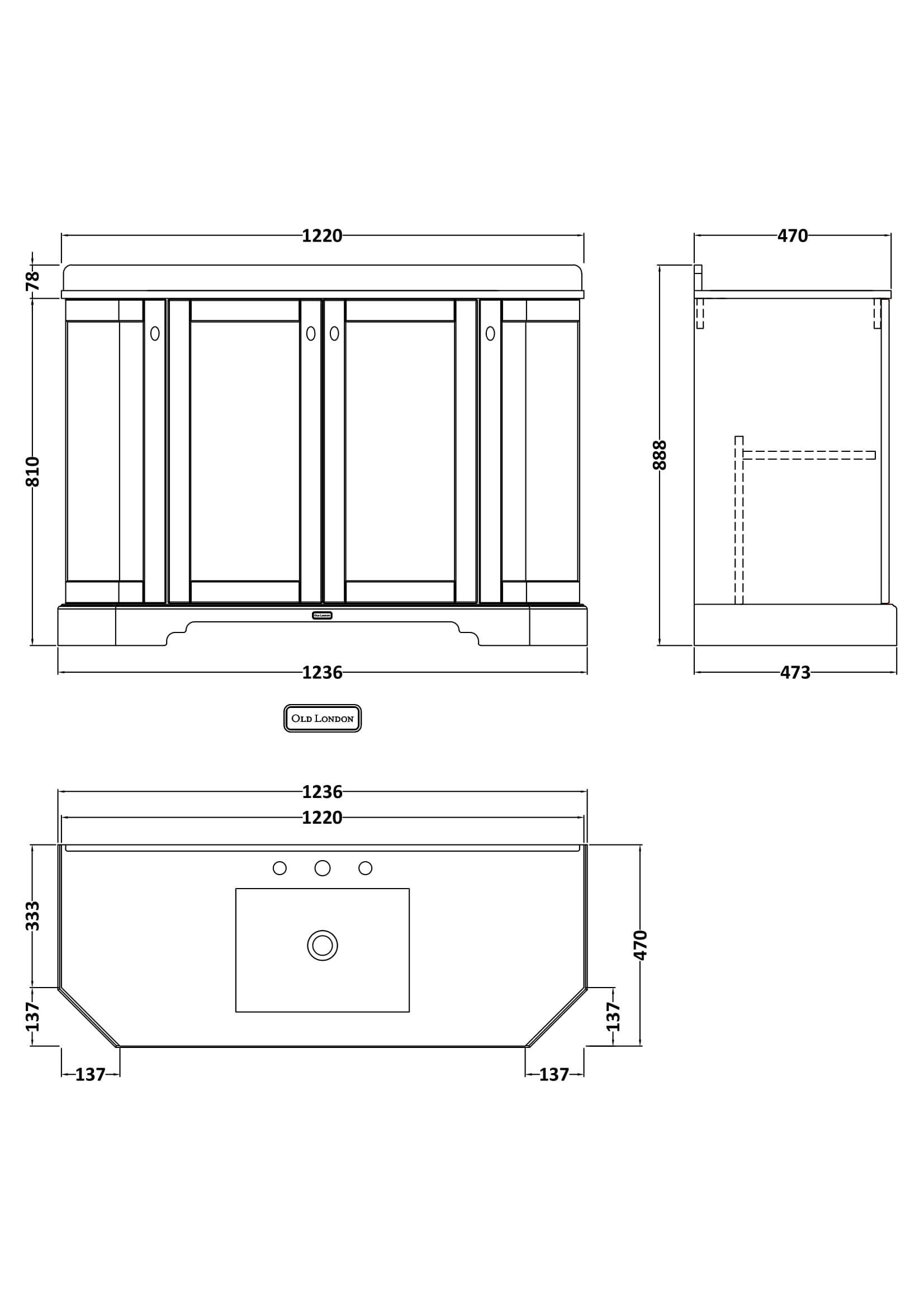 Hudson Reed Old London 1200mm Storm Grey Floor Standing 4 Door Vanity Unit with 3 Tap Hole White Marble Top Basin