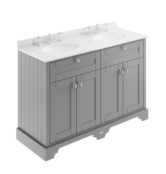Hudson Reed Old London 1220mm Storm Grey Floor Standing 4 Door Vanity Unit with White Marble Top Double Basin