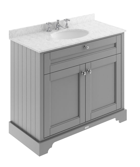 Hudson Reed Old London 1000mm Storm Grey Floor Standing 2 Door Vanity Unit With Grey Marble Top Basin 3 Taphole