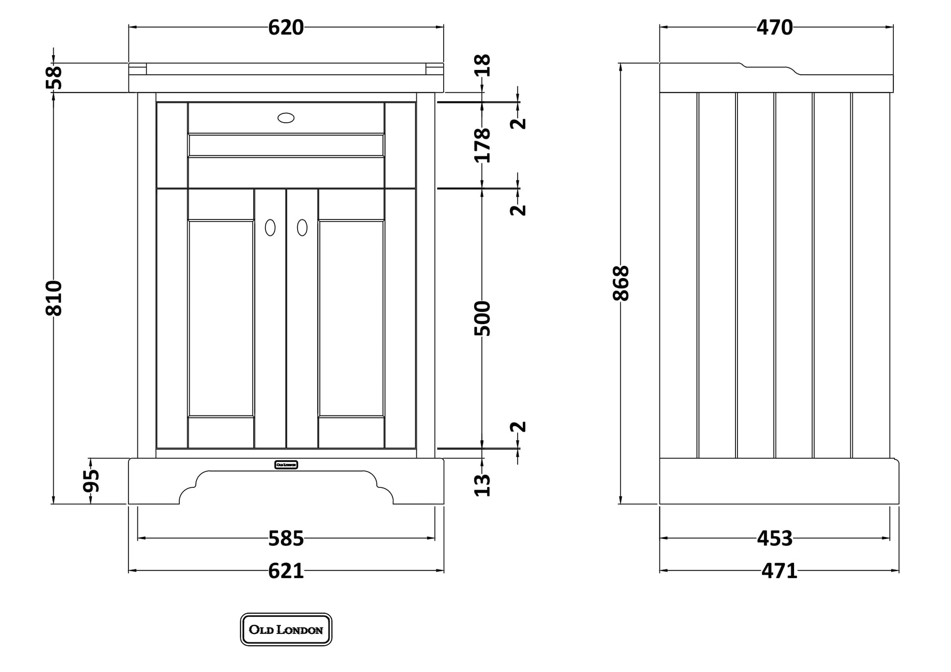 Hudson Reed Old London 600mm Twilight Blue Floor Standing 2 Door Vanity Unit with 1 Tap Hole Basin