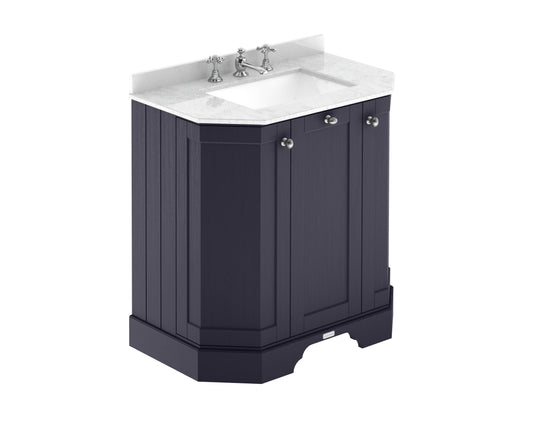 Hudson Reed Old London 750mm Twilight Blue Floor Standing 3 Door Vanity Unit With 3 Tap Hole White Marble Top Basin