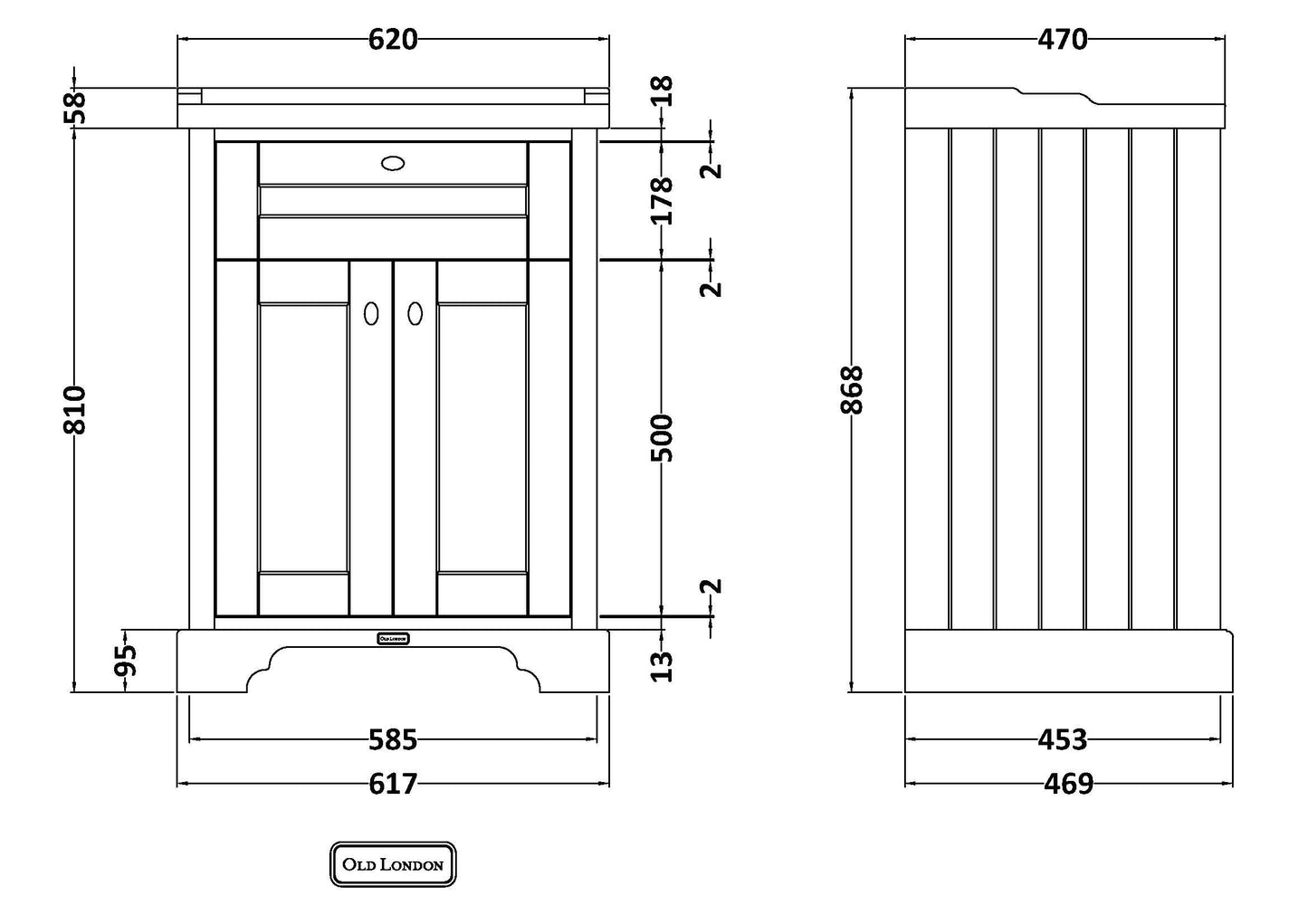 Hudson Reed Old London 600mm Floor Standing 2 Door Vanity Unit With 3 Tap Hole Ceramic Basin