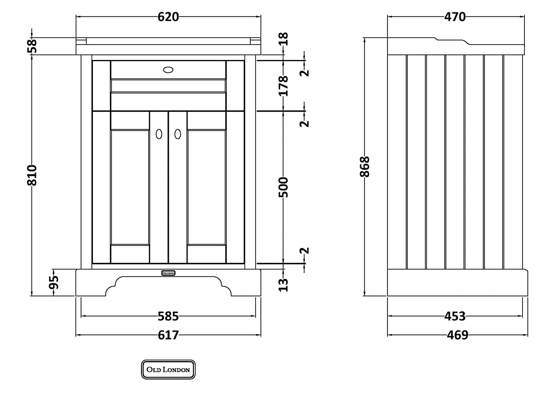 Hudson Reed Old London 600mm Floor Standing 2 Door Vanity Unit With 3 Tap Hole Ceramic Basin