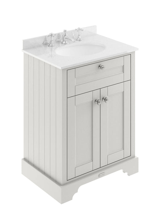 Hudson Reed Old London 600mm Floor Standing 2 Door Vanity Unit with 3 Tap Hole White Marble Top, Soft Close Doors, Rigid