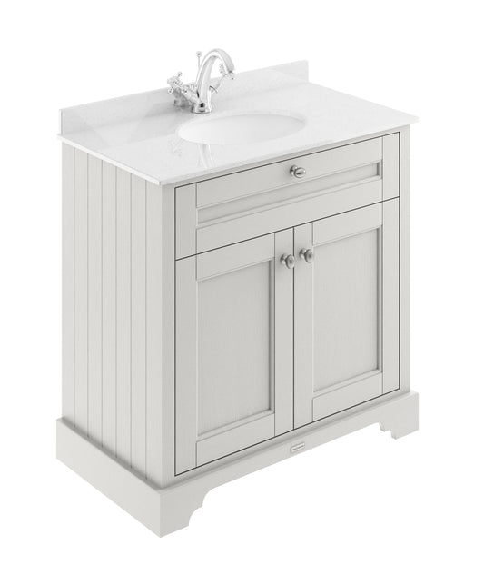 Hudson Reed Old London 800mm Floor Standing 2 Door White Marble Top Vanity Unit With 1 Tap Hole Soft Close Doors