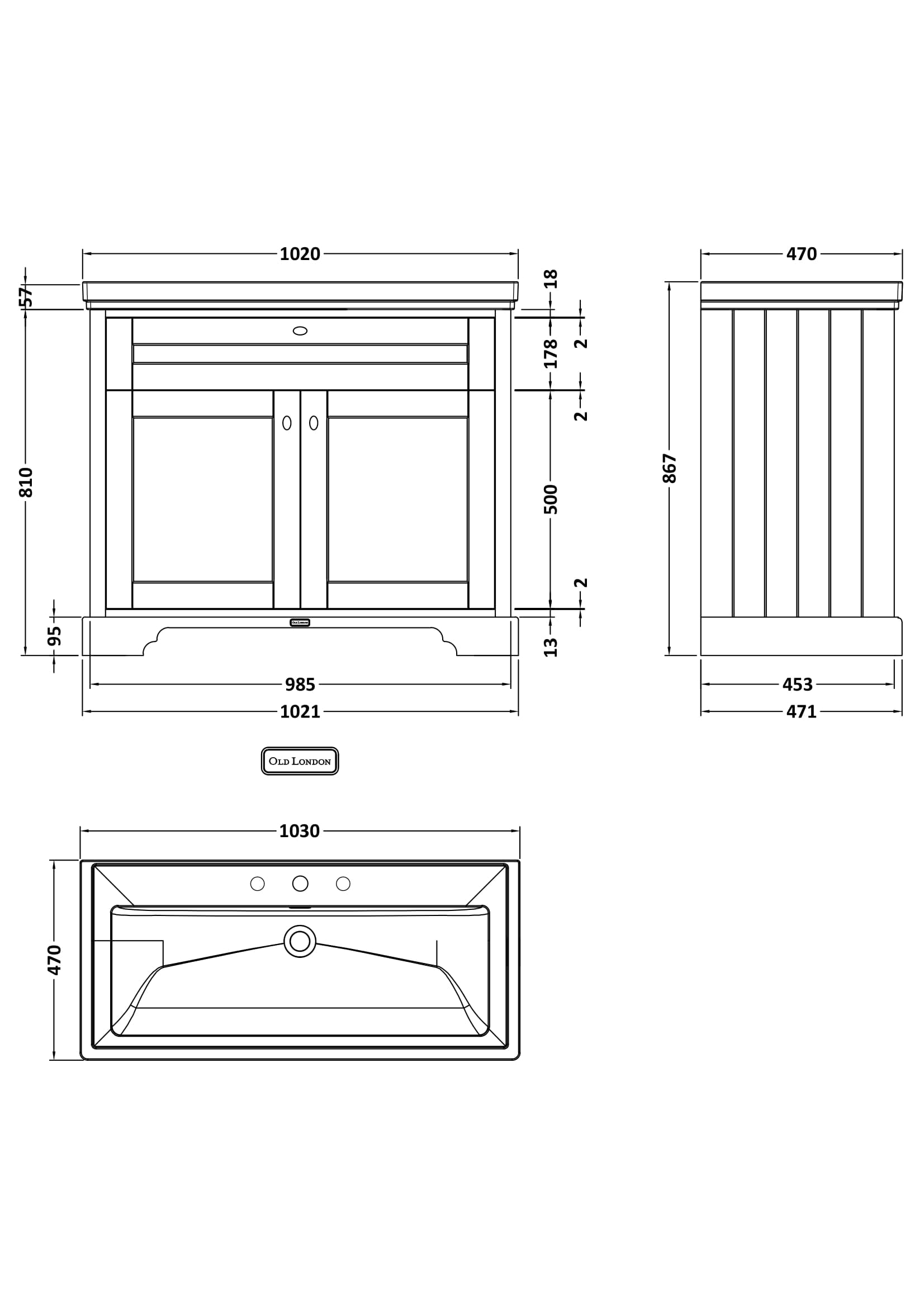Old London 1000mm 2-Door Unit & Classic Fireclay Basin 3TH