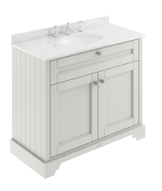 Hudson Reed Old London 1000mm Floor Standing 2 Door Vanity Unit With White Marble Top & 3 Tap Hole Basin