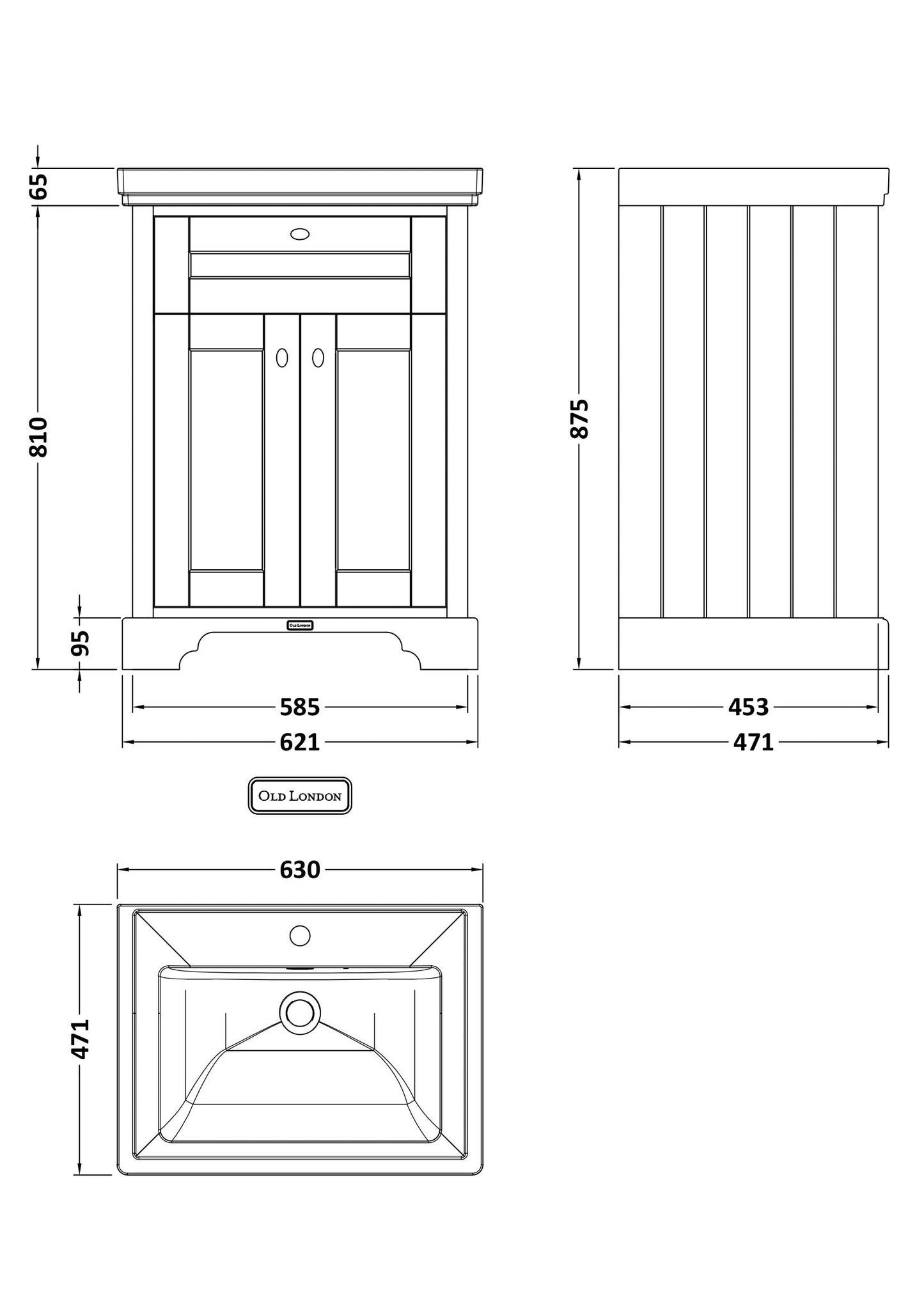 Hudson Reed Old London 630mm Hunter Green Floor Standing 2 Door Vanity Unit with 1 Tap Hole Fireclay Basin