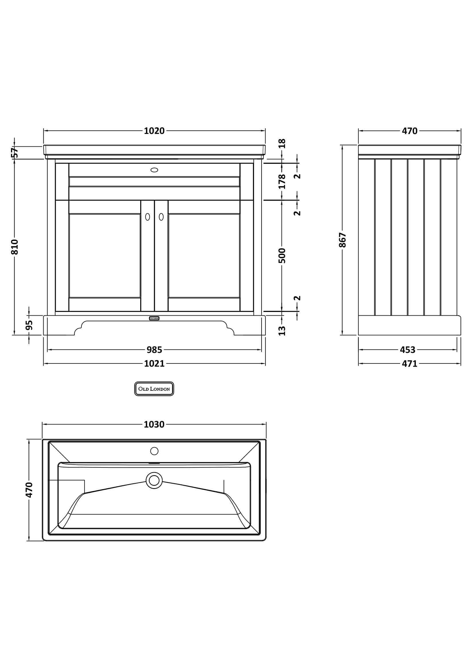 Old London 1000mm 2-Door Unit & Classic Fireclay Basin 1TH