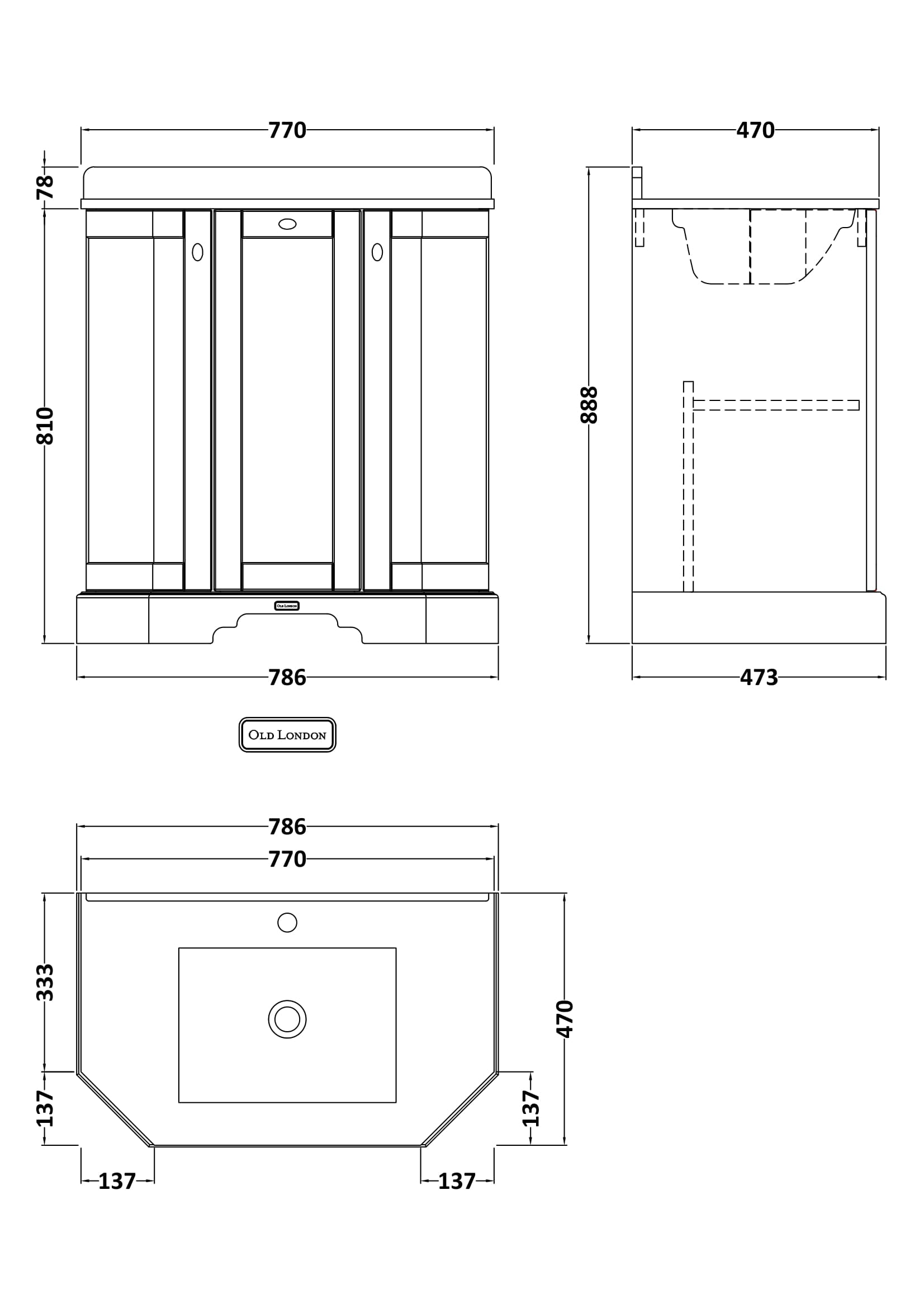 Floor Standing 3 Door Vanity Unit with 1 Tap Hole Black Marble Top 750mm