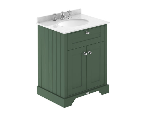 Hudson Reed Old London Hunter Green Floor Standing 2 Door Vanity Unit With 3 Tap Hole White Marble Top Basin