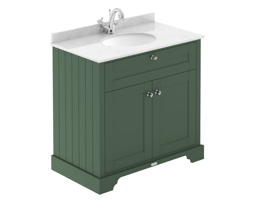 Hudson Reed Old London 800mm Hunter Green Floor Standing 2 Door Vanity Unit With White Marble Top Basin