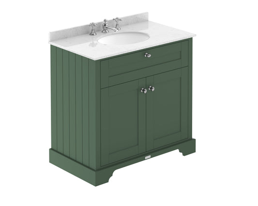 Hudson Reed Old London 800mm Hunter Green Floor Standing 2 Door Vanity Unit with 3 Tap Hole White Marble Top Basin