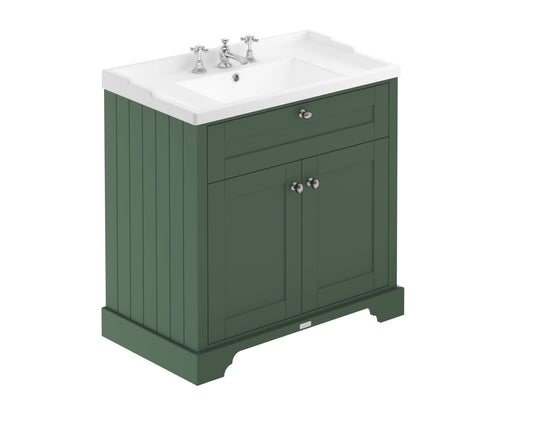 Hudson Reed Old London 820mm Hunter Green Floor Standing 2 Door Vanity Unit With 3 Tap Hole Ceramic Basin