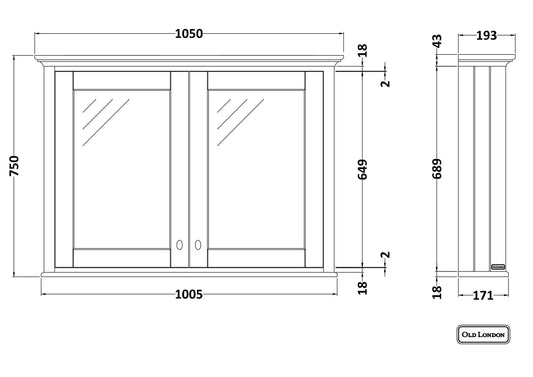 Hudson Reed Old London 1050mm 2 Door Timeless Sand Wall Hung Mirror Cabinet With Handles