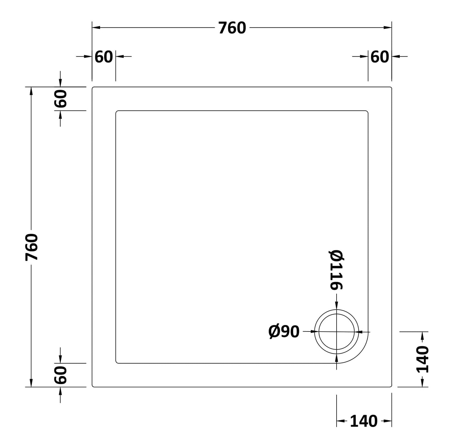 Slip Resistant Square Slimline Shower Tray 760 x 760mm