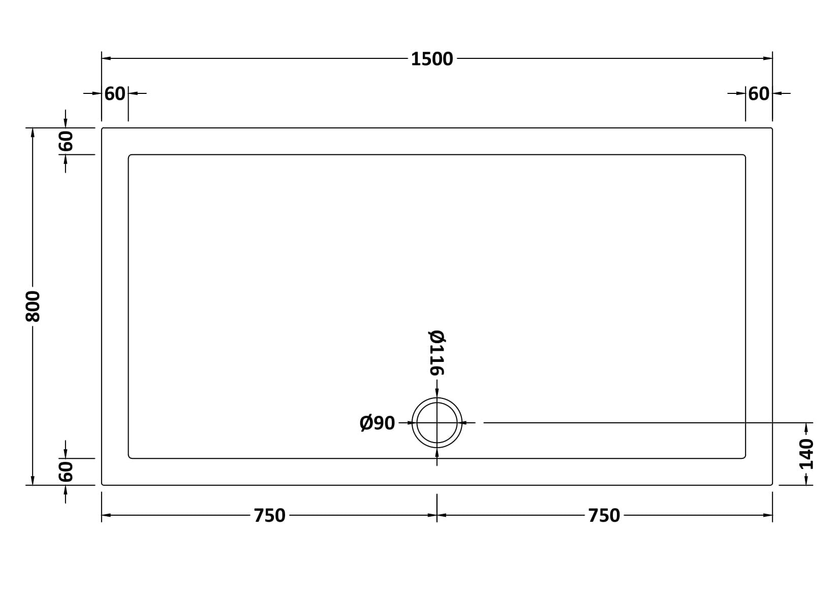 Rectangular Slimline Shower Tray 1500 x 800mm