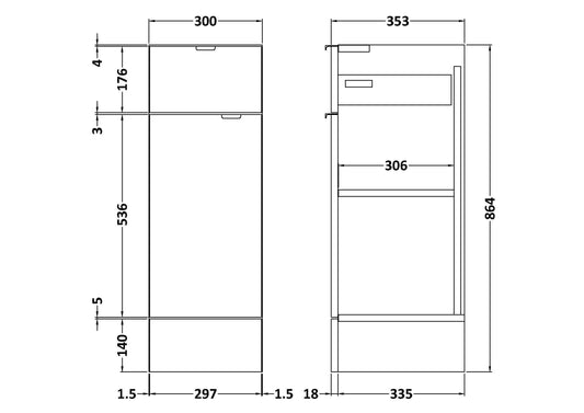 Hudson Reed Fusion 300mm 1 Door Drawer Graphite Grey Woodgrain Floor Standing Cabinet With Handles