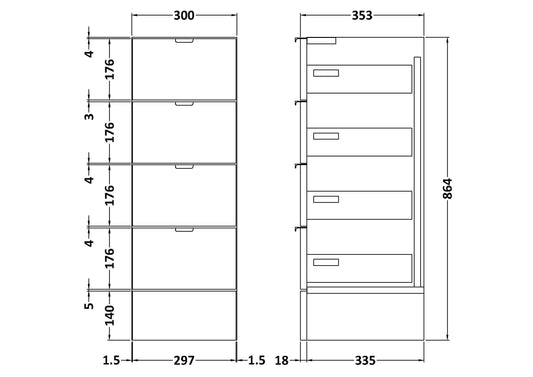 Hudson Reed Fusion 300mm 4 Drawer Graphite Grey Woodgrain Floor Standing Cabinet With Handles