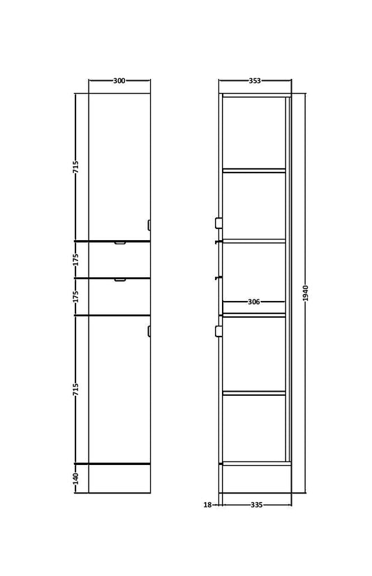 Hudson Reed Fusion 300mm 2 Door Drawer Graphite Grey Woodgrain Floor Standing Tall Cabinet With Handles