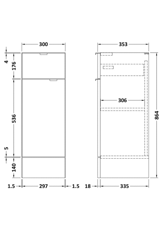 Hudson Reed Fusion 300mm 1 Door Drawer Charcoal Black Floor Standing Cabinet With Handles