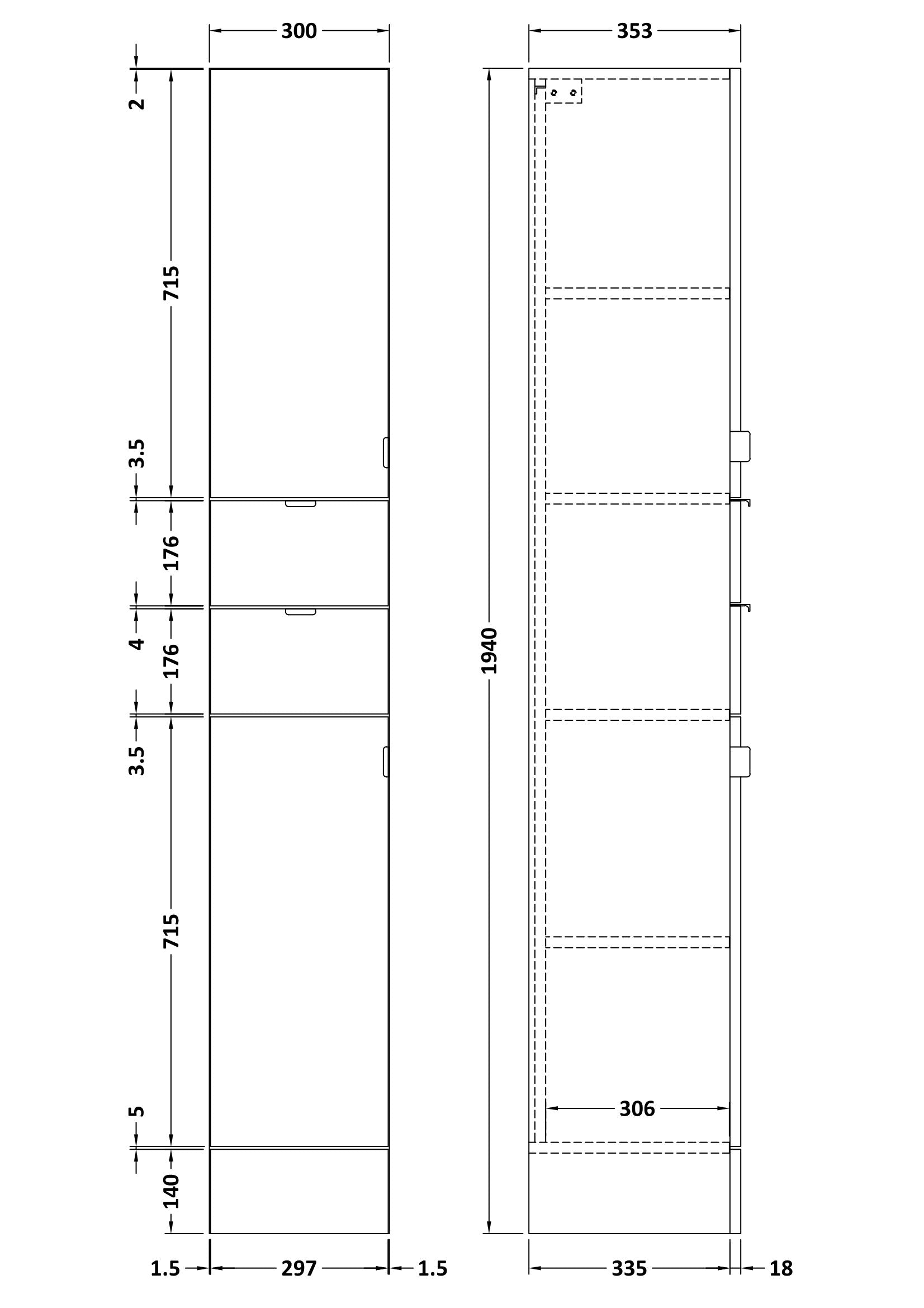 Hudson Reed Fusion 300mm 2 Door Drawer Charcoal Black Floor Standing Tall Cabinet With Handles