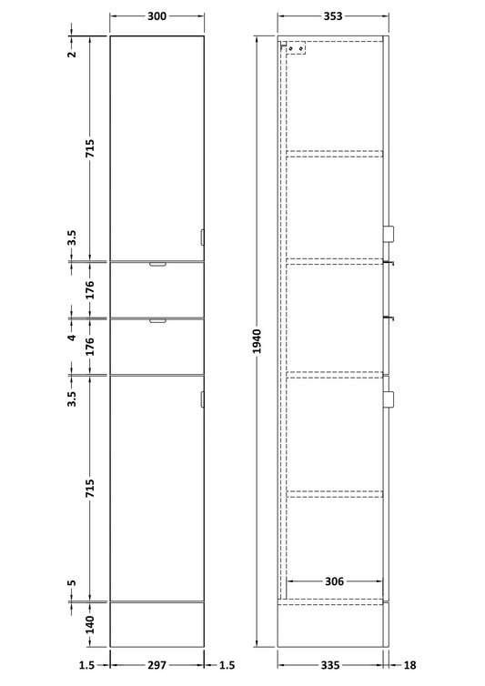 Hudson Reed Fusion 300mm 2 Door Drawer Gloss Grey Floor Standing Tall Cabinet With Handles