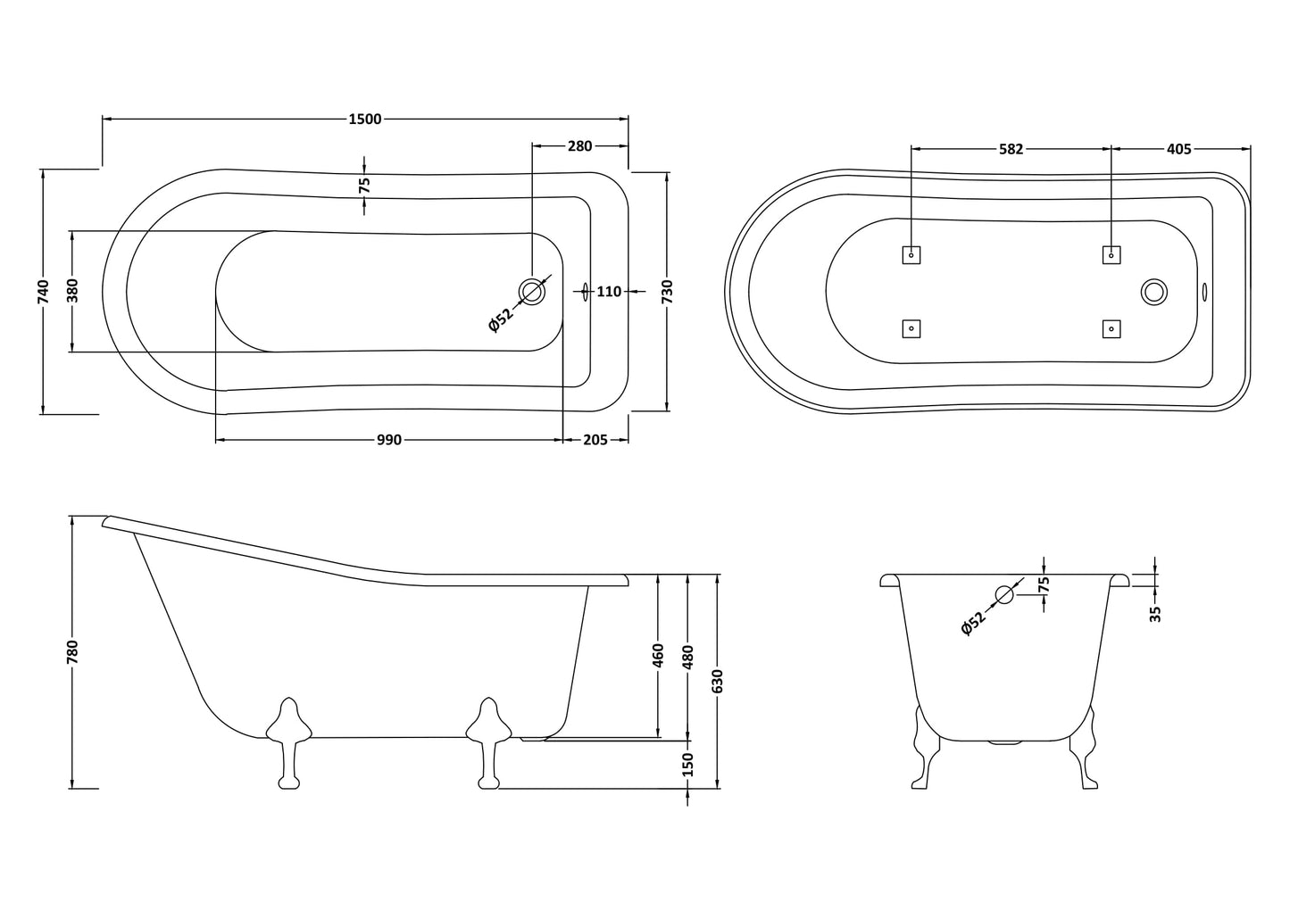 Hudson Reed 1500mm Freestanding Bath With Pride Legs
