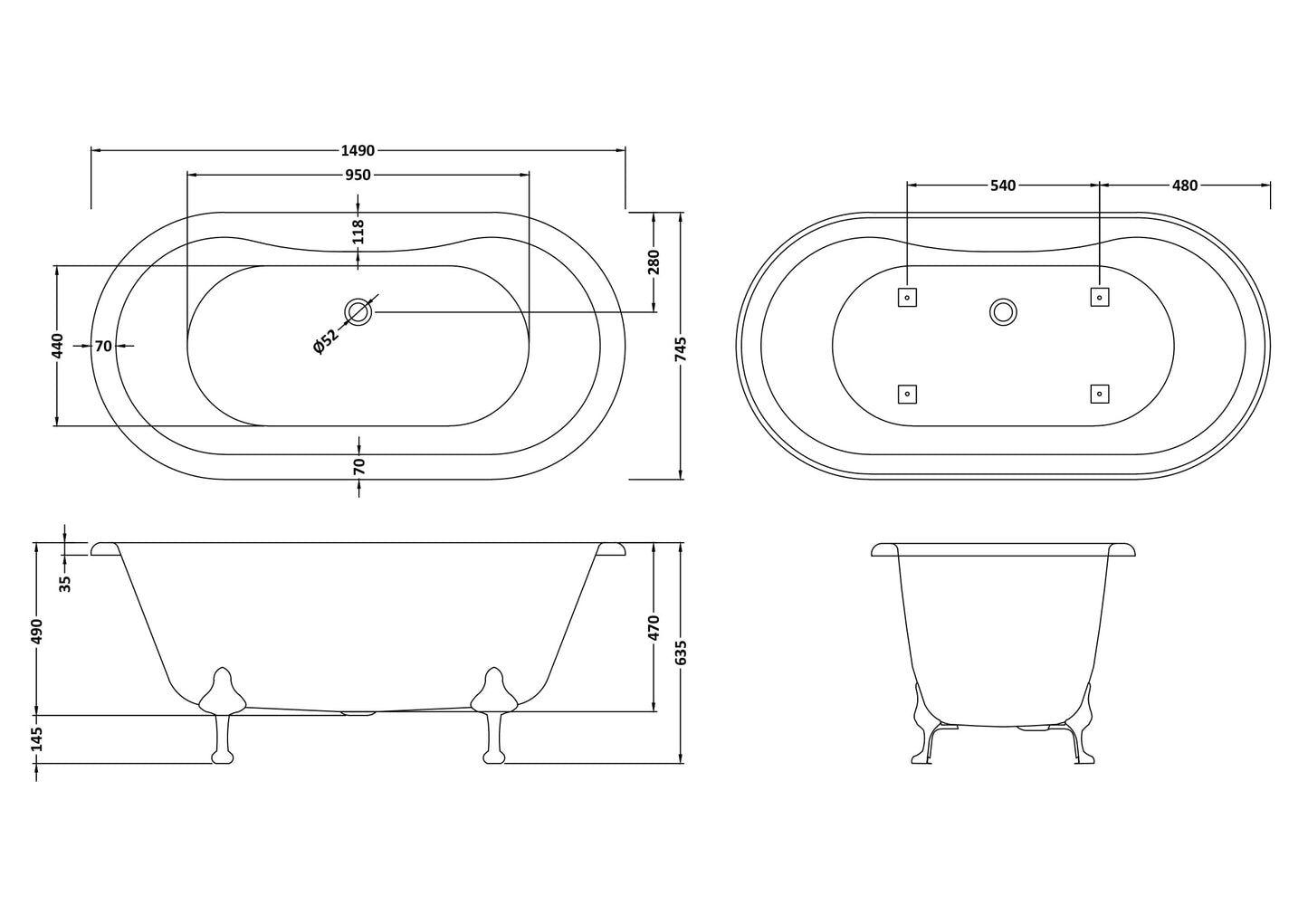 Hudson Reed 1490mm Freestanding Bath With Deacon Legs