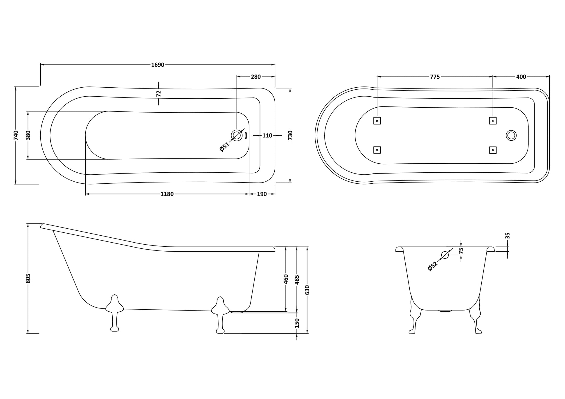 Hudson Reed 1690mm Freestanding Bath With Deacon Legs