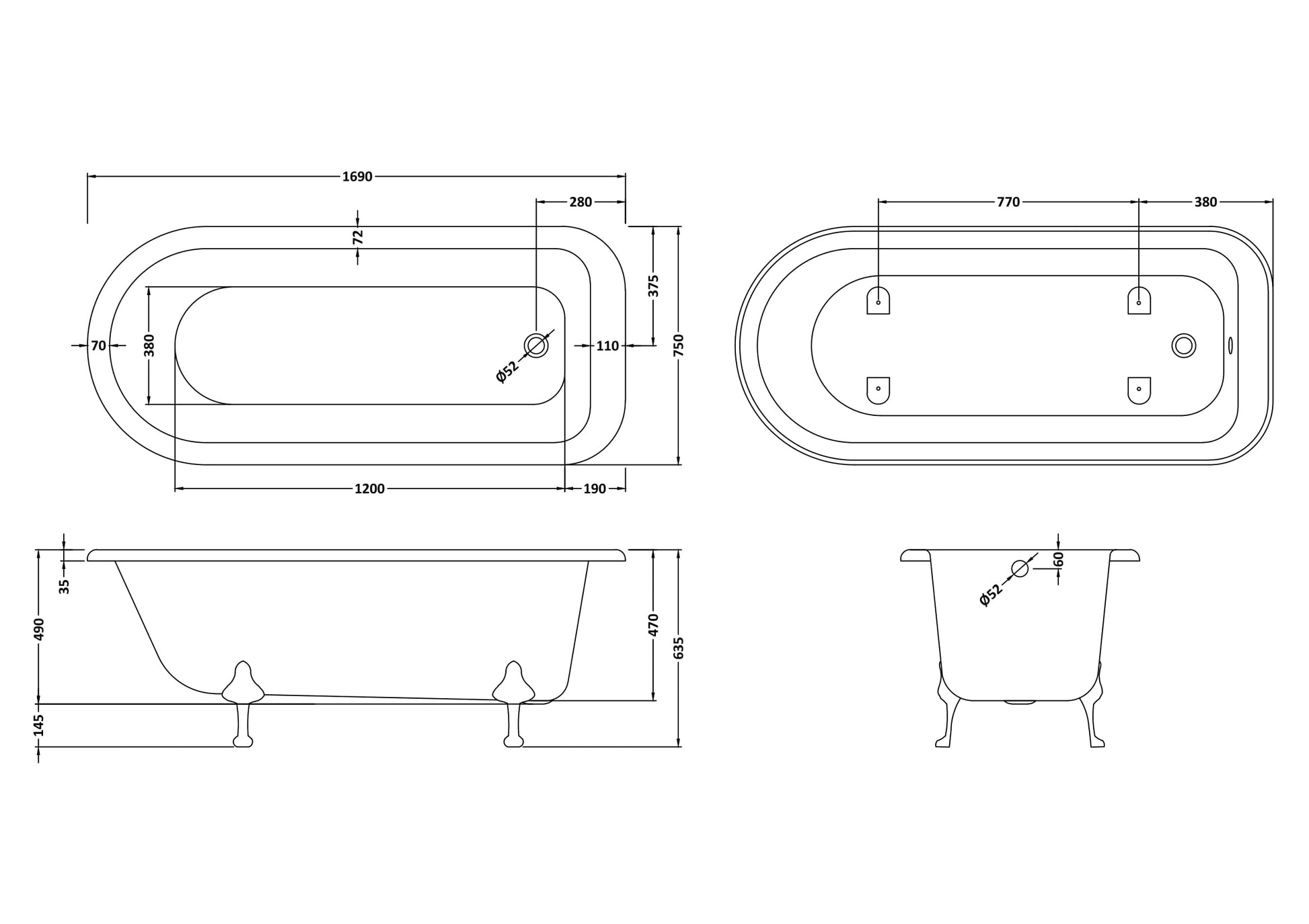 Hudson Reed 1690mm Freestanding Bath With Deacon Legs