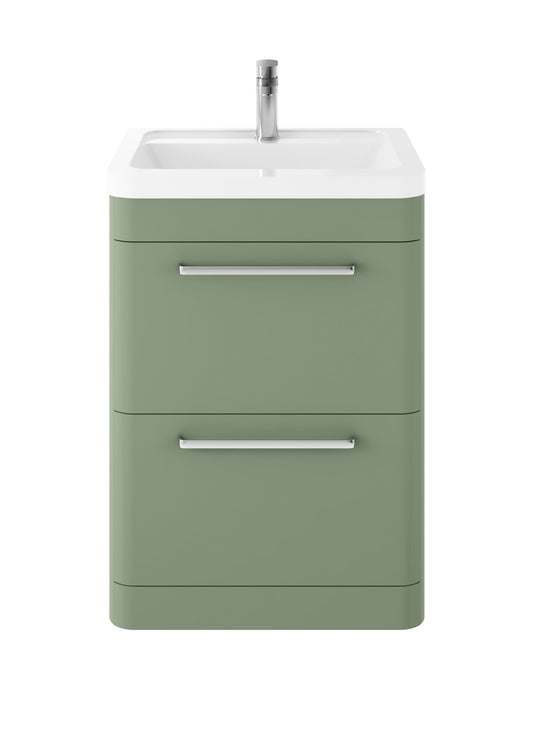 Hudson Reed Solar 600mm Fern Green Floor Standing 2-Drawer Vanity Unit With 1 Tap Hole Ceramic Basin