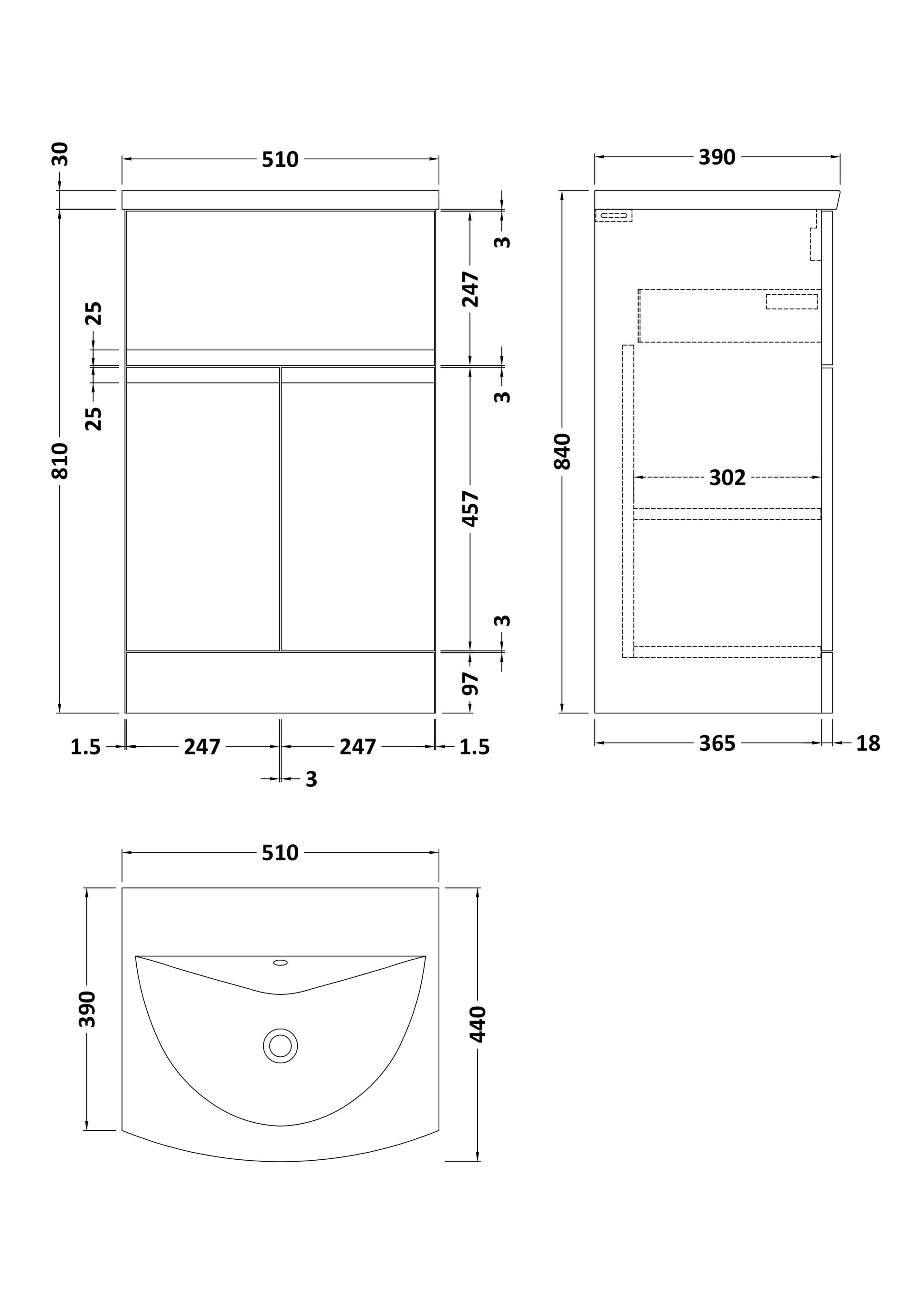 Hudson Reed Urban 500mm Floor Standing 2 Door 1 Drawer Vanity Unit With Curved Basin