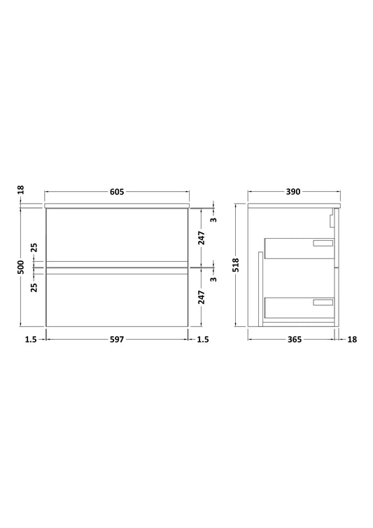 Hudson Reed Urban 600mm Wall Hung 2 Drawer Vanity Unit With Worktop