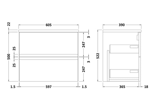Hudson Reed Urban 600mm Wall Hung 2 Drawer Vanity Unit With Laminate Worktop