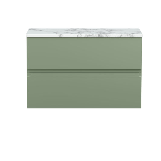 Hudson Reed Urban 800mm Satin Green Wall Hung 2-Drawer Unit With Laminate Worktop